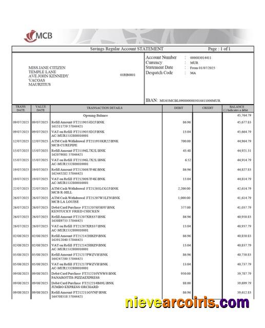 Mauritius Commercial Bank (MCB) account statement Word and PDF